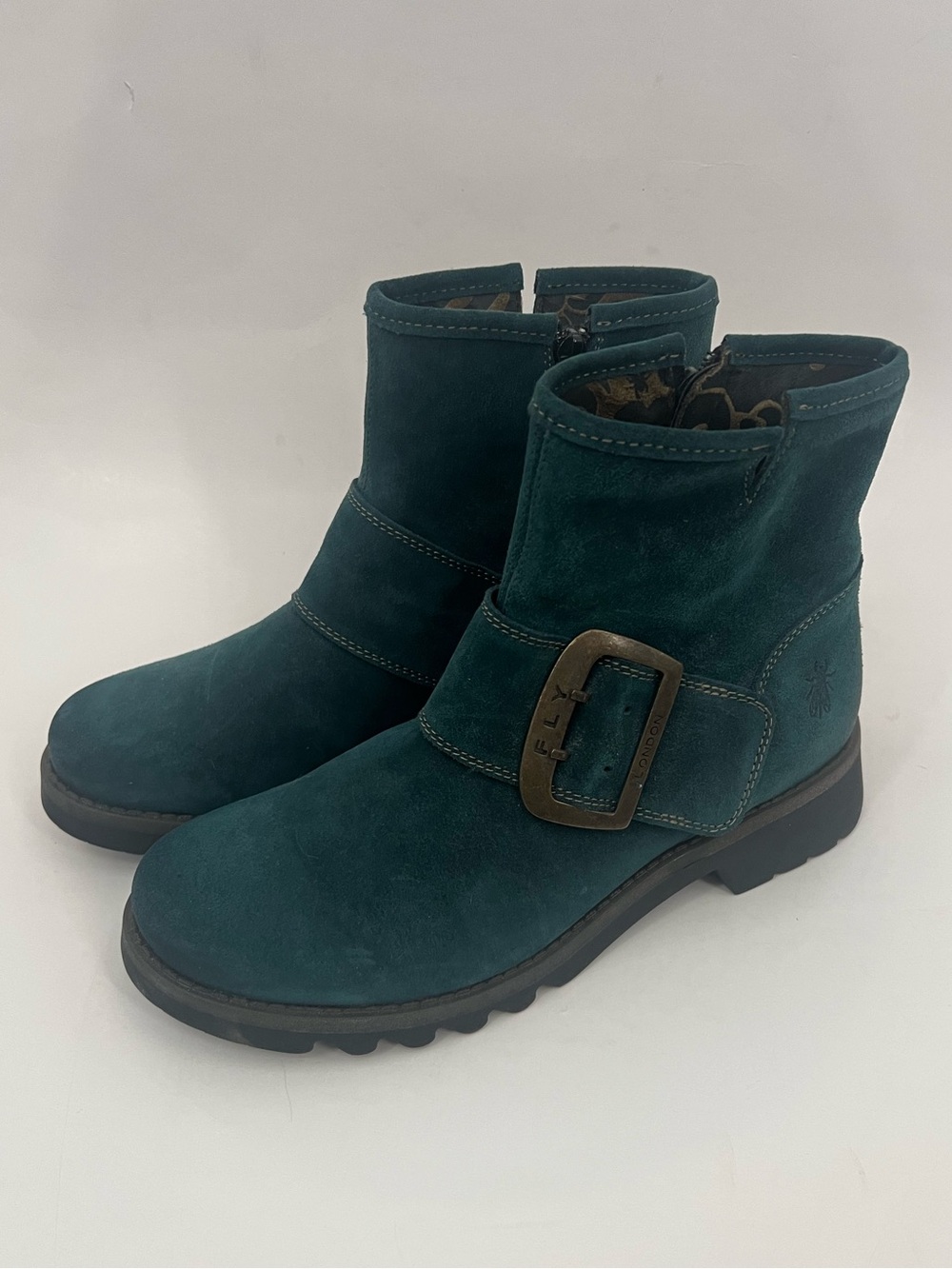 Fly London Teal Suede Buckle Ankle Boots
